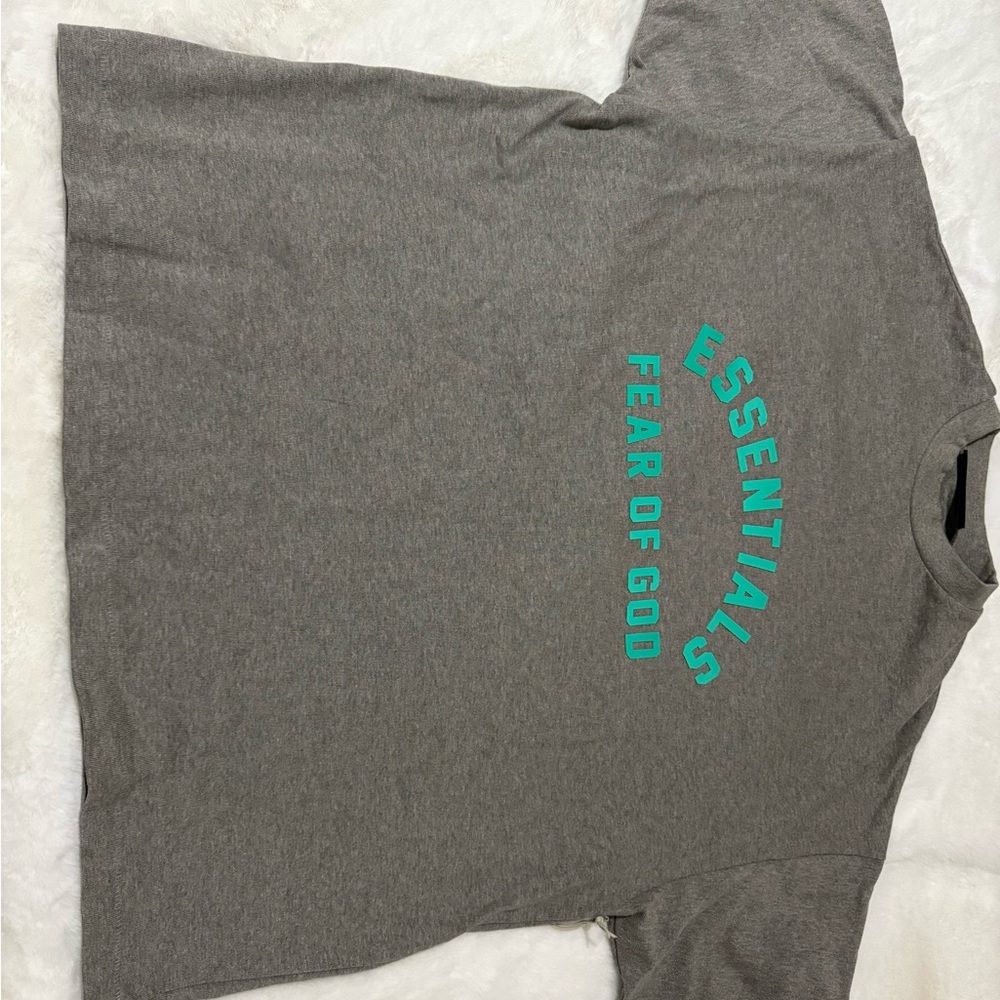 Fear of God Essentials Heather Gray Tee with Green Print